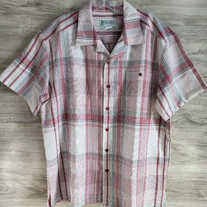 HaBand Men's Large Red Plaid Casual Travel Button Front Short Sleeve Shirt